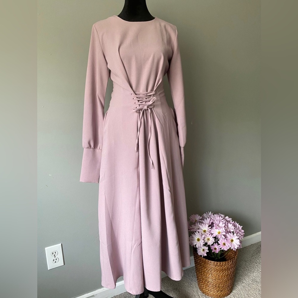 Lilac lace waist maxi long sleeve dress